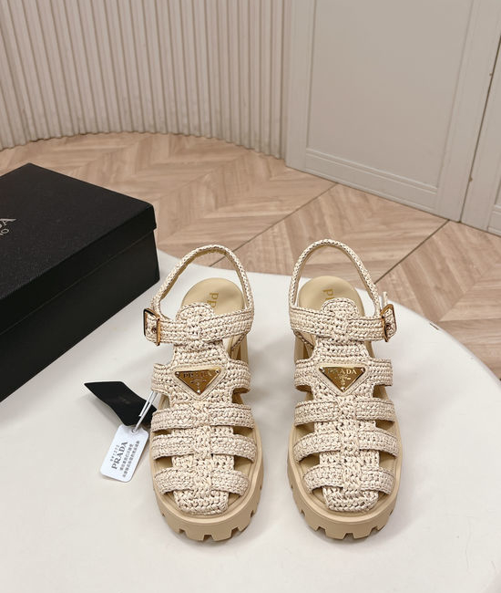 Prada Hand Woven Round Toe Chunky Heel Sandals