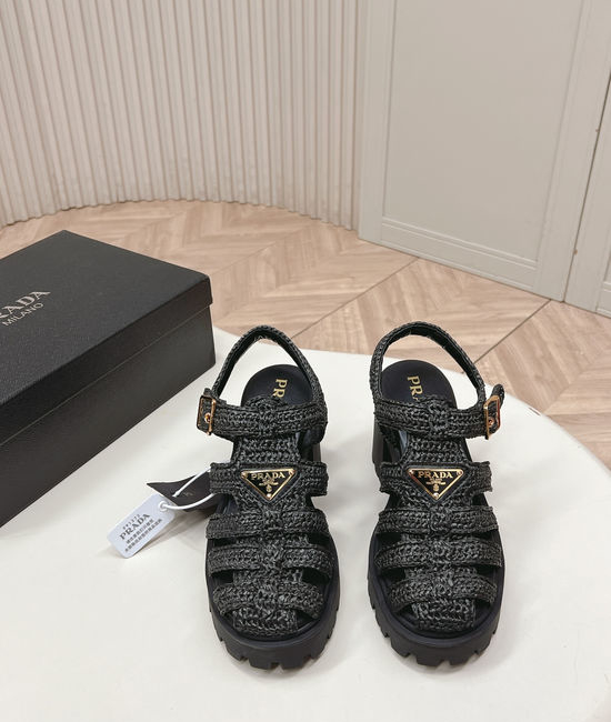 Prada Hand Woven Round Toe Chunky Heel Sandals