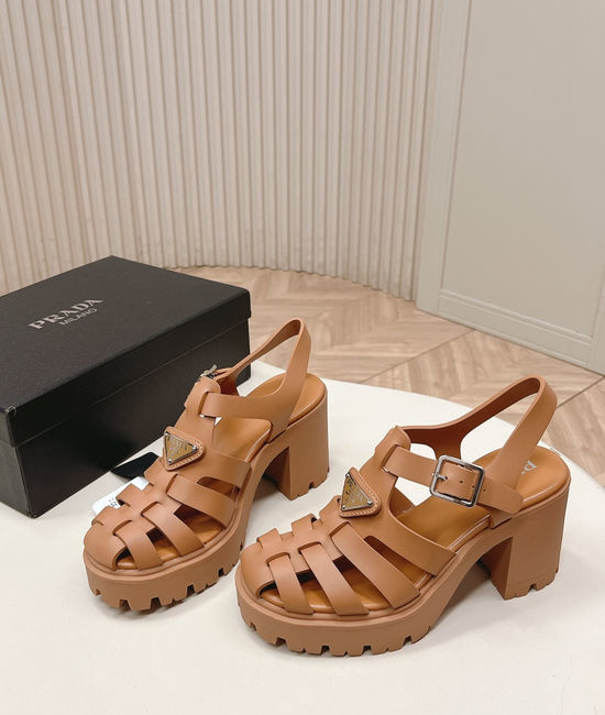 Prada Cut Out Round Toe Chunky Heel Casual Sandals