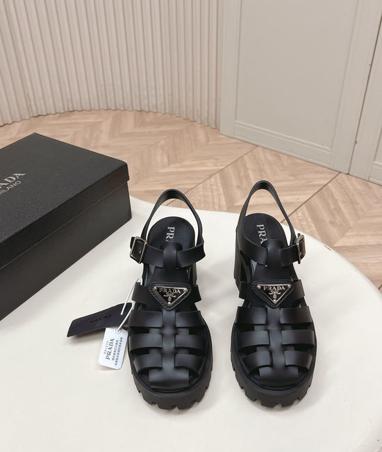 Prada Cut Out Round Toe Chunky Heel Casual Sandals