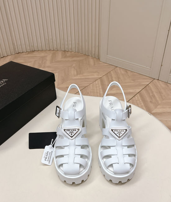 Prada Cut Out Round Toe Chunky Heel Casual Sandals
