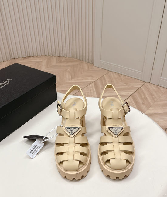 Prada Cut Out Round Toe Chunky Heel Casual Sandals