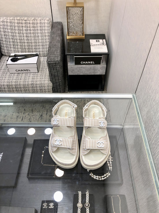 Chanel Striped Magic Tape Platform Sandals Soft Comfortable Sole