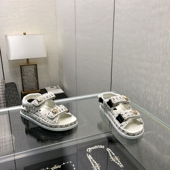 Chanel Woven Fabric Hook And Loop Sandals
