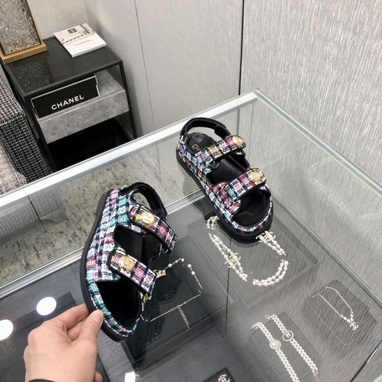 Chanel Tweed Fabric Hook And Loop Sandals