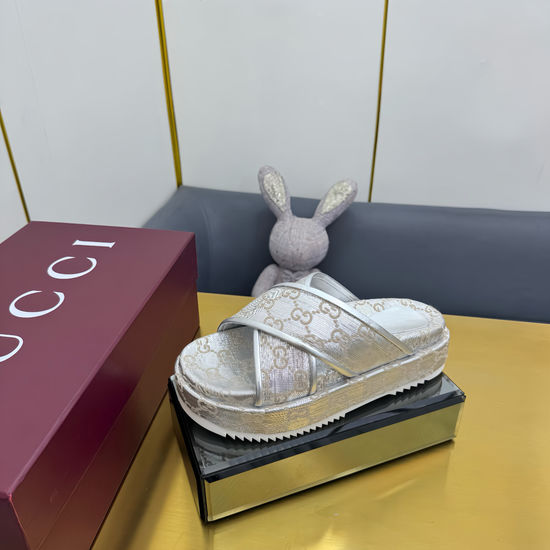 Gucci Embroidered Canvas Slip On Sandals with Rubber Sole