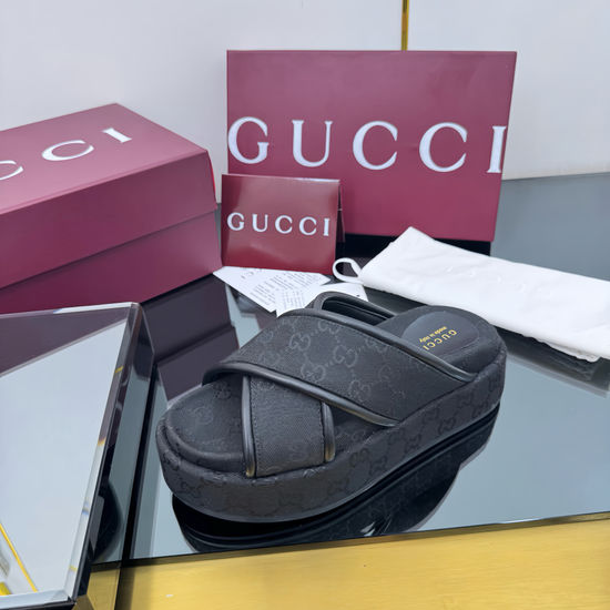 Gucci Cross Strap Embroidered Canvas Platform Slide Sandals