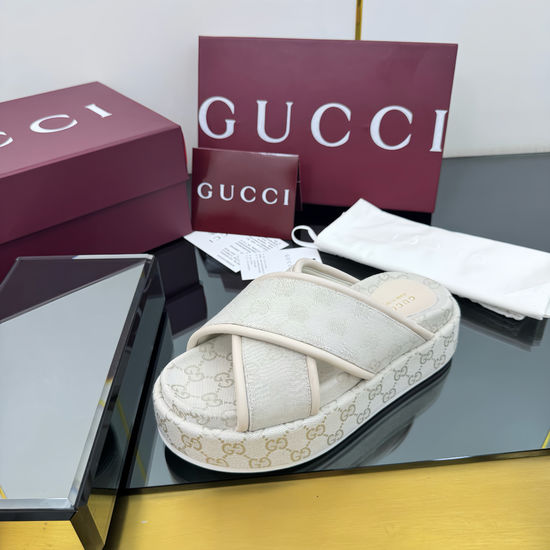 Gucci Cross Strap Embroidered Canvas Platform Slide Sandals