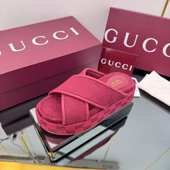 Gucci Cross Strap Embroidered Canvas Platform Slide Sandals