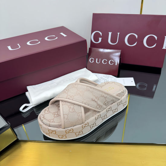 Gucci Cross Strap Embroidered Canvas Platform Slide Sandals