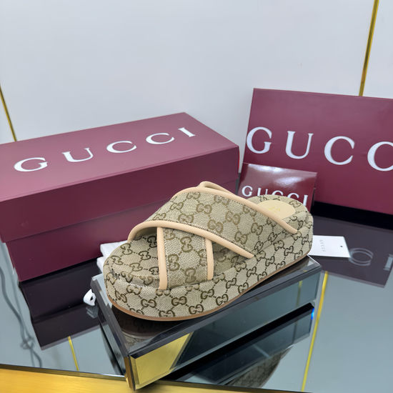 Gucci Cross Strap Embroidered Canvas Platform Slide Sandals