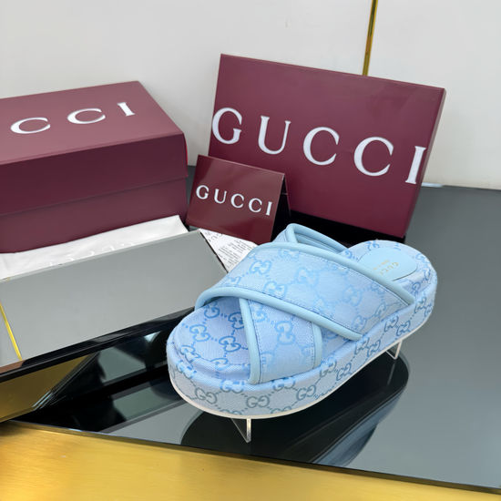 Gucci Cross Strap Embroidered Canvas Platform Slide Sandals