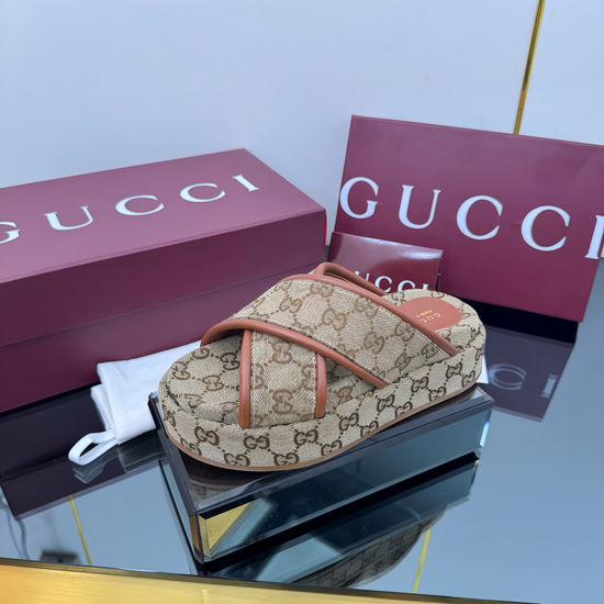 Gucci Cross Strap Embroidered Canvas Platform Slide Sandals
