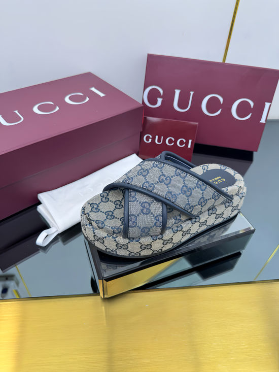 Gucci Cross Strap Embroidered Canvas Platform Slide Sandals