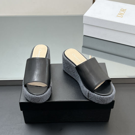 Christian Dior Cowhide Wedge Slide Sandals with Embossed Platform