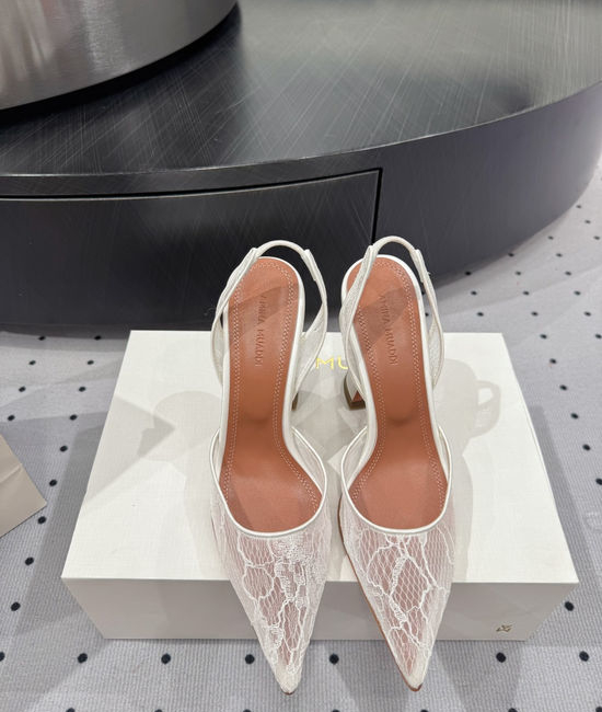 Amina Muaddi Lace Upper Runway Style Heel Sheepskin Lining Leather Sole