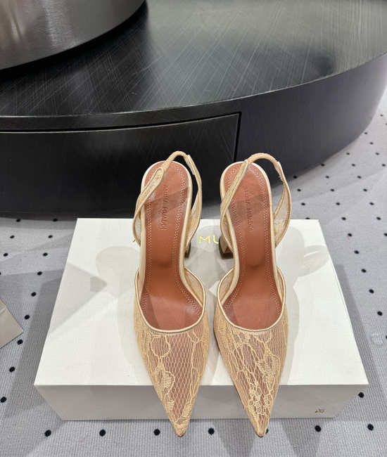 Amina Muaddi Lace Upper Runway Style Heel Sheepskin Lining Leather Sole
