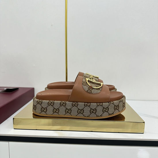 Gucci Wedge Platform Slip-On Sandals With Gold Hardware Detail