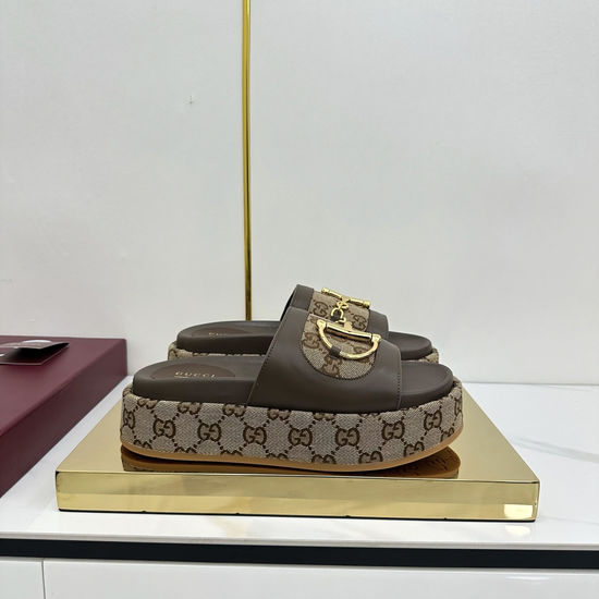 Gucci Wedge Platform Slip-On Sandals With Gold Hardware Detail