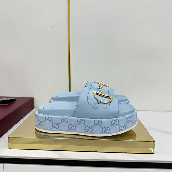 Gucci Wedge Platform Slip-On Sandals With Gold Hardware Detail