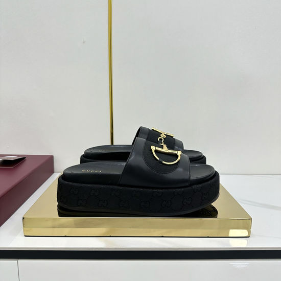 Gucci Wedge Platform Slip-On Sandals With Gold Hardware Detail