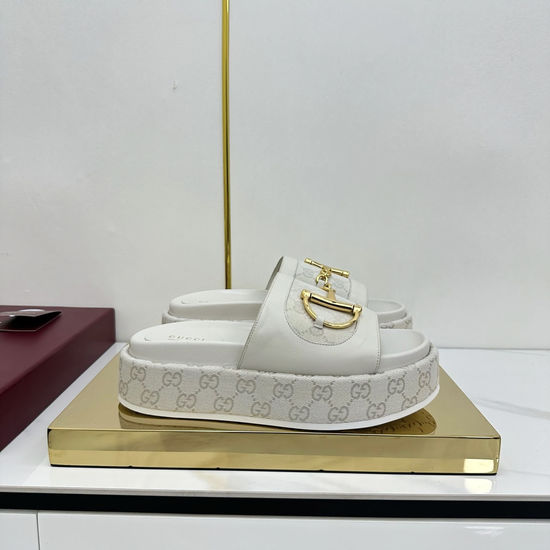 Gucci Wedge Platform Slip-On Sandals With Gold Hardware Detail