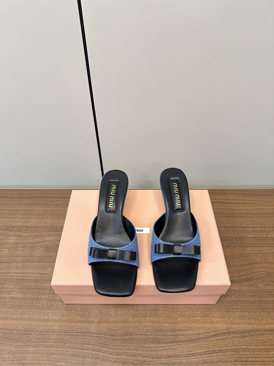 Miu Miu Kitten Heel Bow Decor Slides Comfortable Lining Easy To Wear