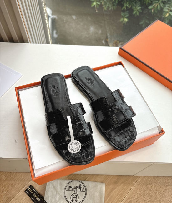 Hermes Flat Slide Sandals with Metal Lock Buckle and Leather Upper