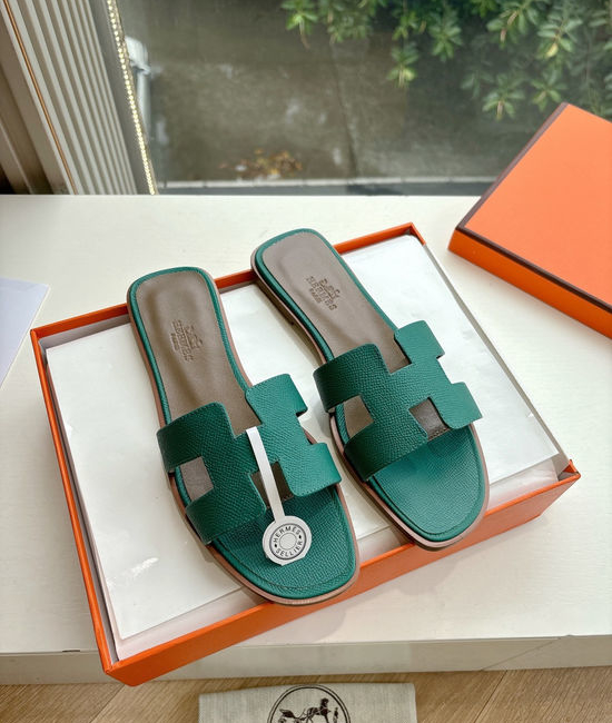 Hermes Flat Slide Sandals with Metal Lock Buckle and Leather Upper