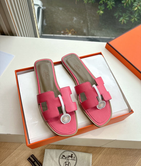Hermes Flat Slide Sandals with Metal Lock Buckle and Leather Upper