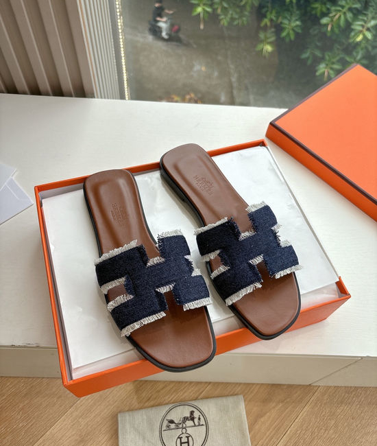 Hermes Flat Slide Sandals with Denim Lining and Metal Buckle