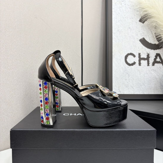 Chanel Rhinestone Chunky Heel Slingback Sandals Leather Lined