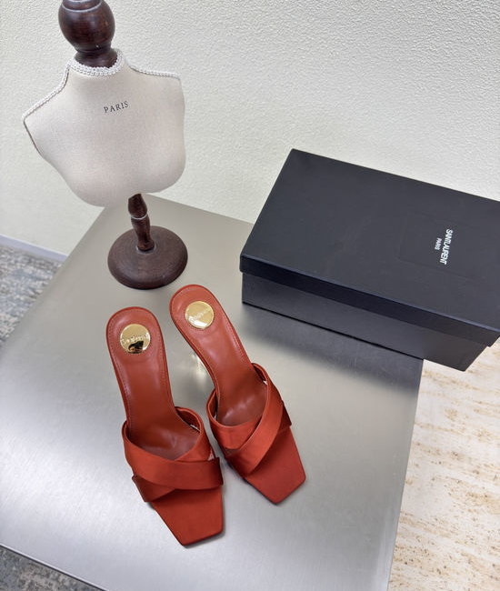 Yves Saint Laurent YSL Orange Silk Cross Strap Slide Sandals Leather Outsole