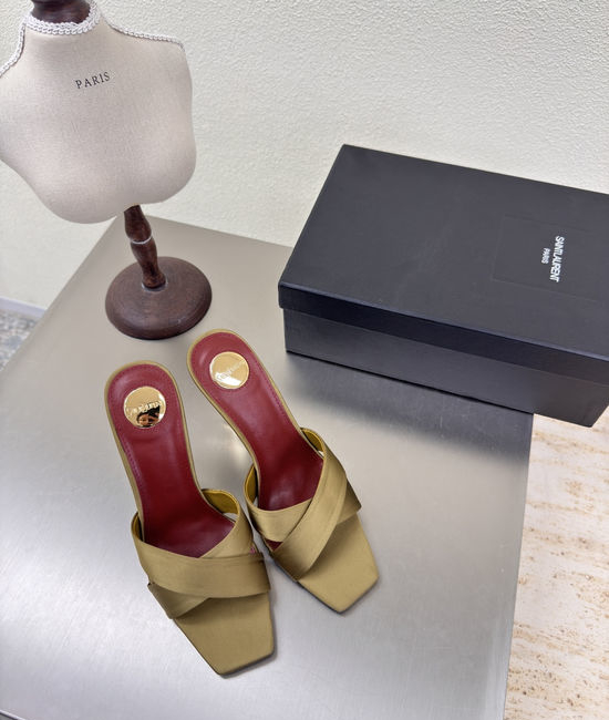 Yves Saint Laurent YSL Olive Green Silk Cross Strap High Heel Slides