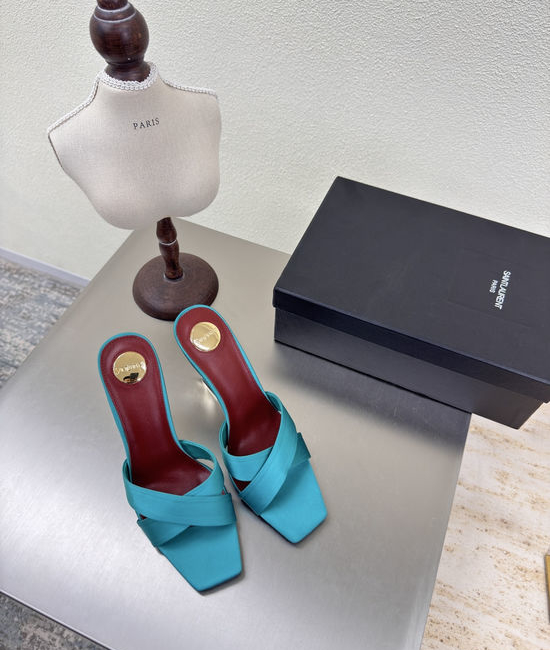 Yves Saint Laurent YSL Peacock Blue Silk Cross Strap High Heel Slides
