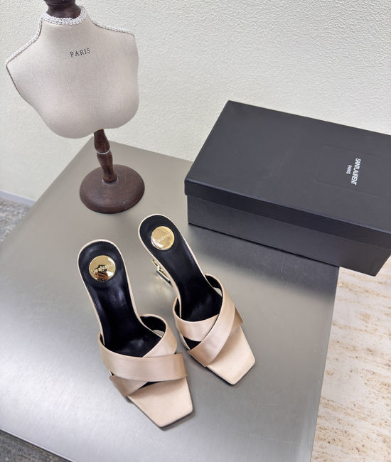 Yves Saint Laurent YSL Champagne Silk Cross Strap High Heel Slides