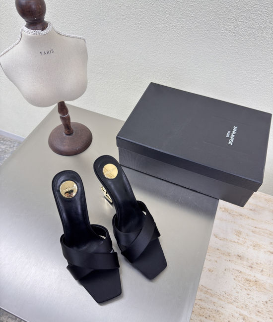 Yves Saint Laurent YSL Black Silk Cross Strap High Heel Slides