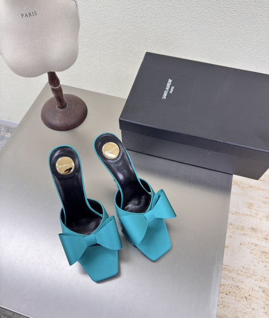 Yves Saint Laurent YSL Stylish Peacock Blue Bow High-Heels with Silk Finish