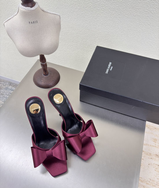 Yves Saint Laurent YSL Timeless Wine Red Bow High-Heeled Slippers with Silk