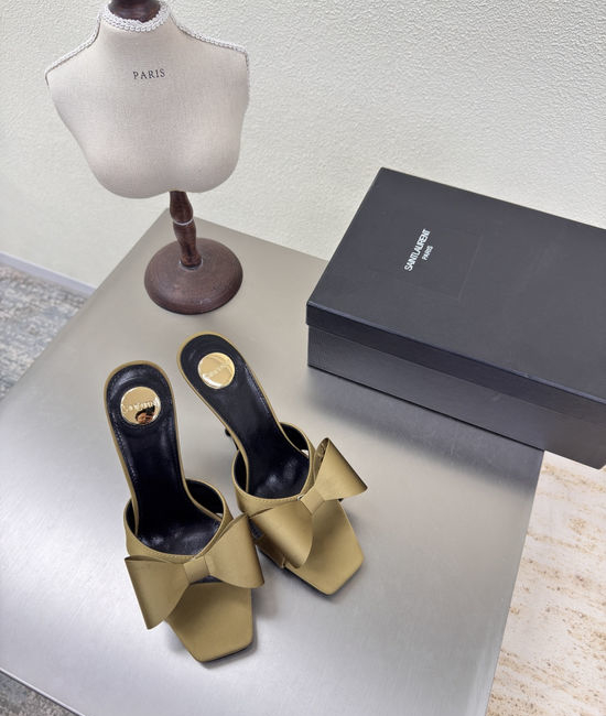 Yves Saint Laurent YSL Olive Green Silk Bow Heeled Slide Sandals Leather Sole
