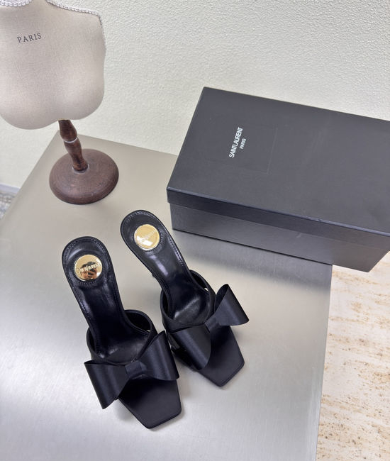 Yves Saint Laurent YSL Black Silk Bow Heeled Slide Sandals Leather Sole