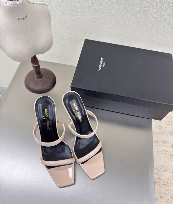 Yves Saint Laurent YSL Beige Strap High Heel Slides Patent Leather