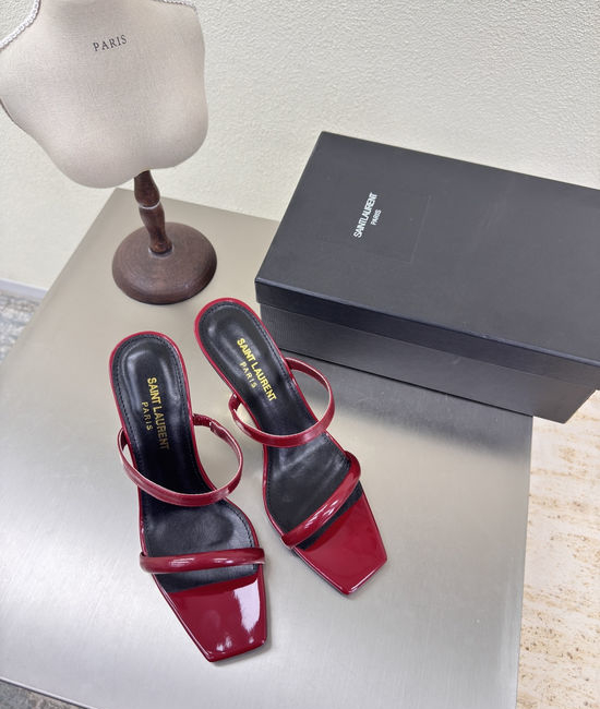 Yves Saint Laurent YSL Burgundy Strap High Heel Slides Patent Leather