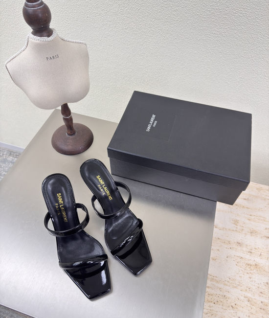 Yves Saint Laurent YSL Elegant Striped High-Heeled Slippers with Logo Accent