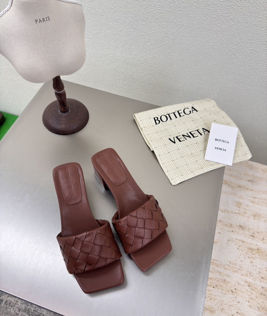Bottega Veneta BV Square Toe Woven Mules Brown Mid Heel Comfortable Casual Shoes
