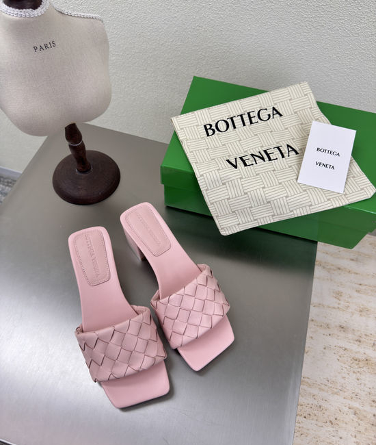 Bottega Veneta BV Embossed Pink Woven Square Block Heel Mules