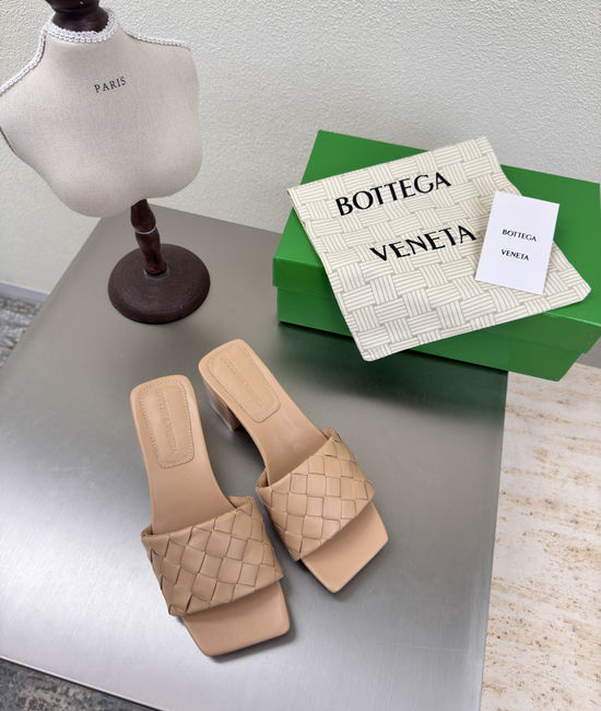 Bottega Veneta BV Beige Woven Square Toe Mid Heel Mule Slides