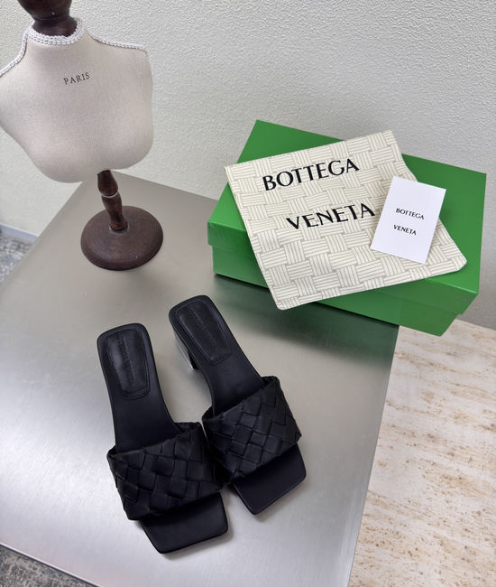 Bottega Veneta BV Black Woven Square Toe Mid Heel Mule Slides