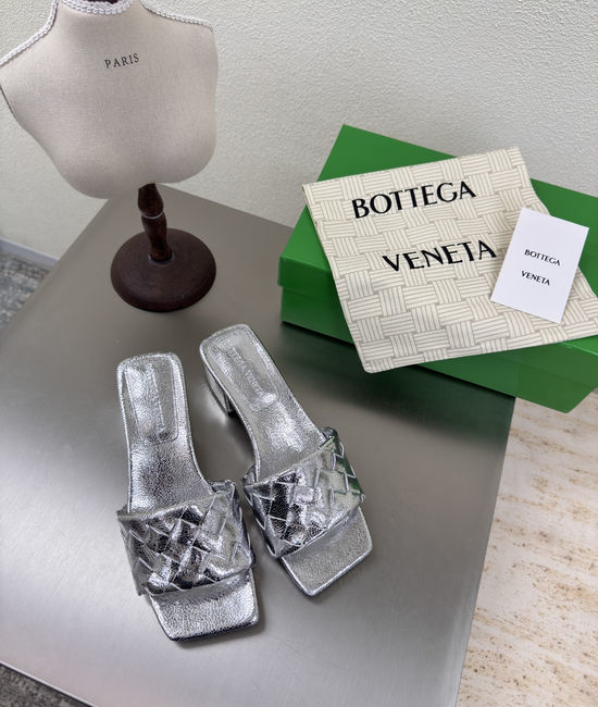 Bottega Veneta BV Square Toe Woven Mules Silver Mid Heel Comfortable Casual Shoes
