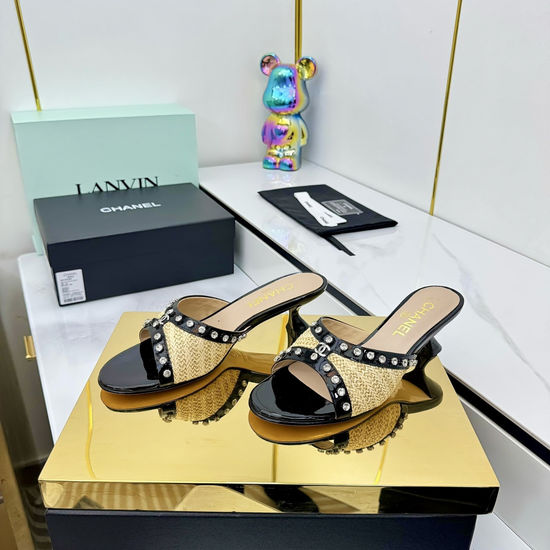 Chanel Woven Rhinestone Low Heel Slide Sandals Comfortable Sole